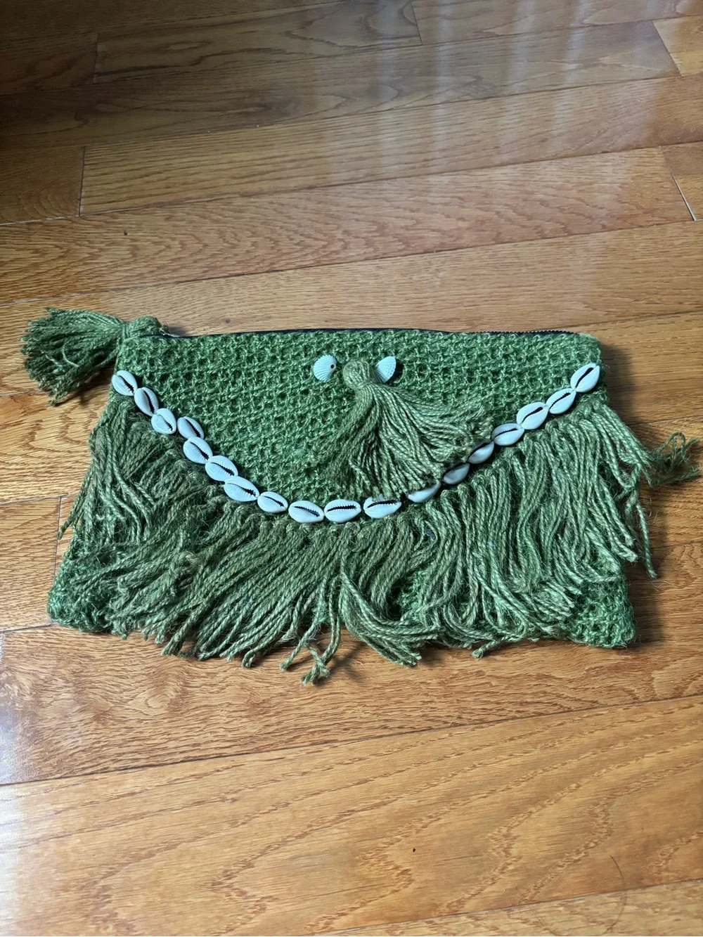 Boho Olive Green Fringe Clutch with Shell Trim